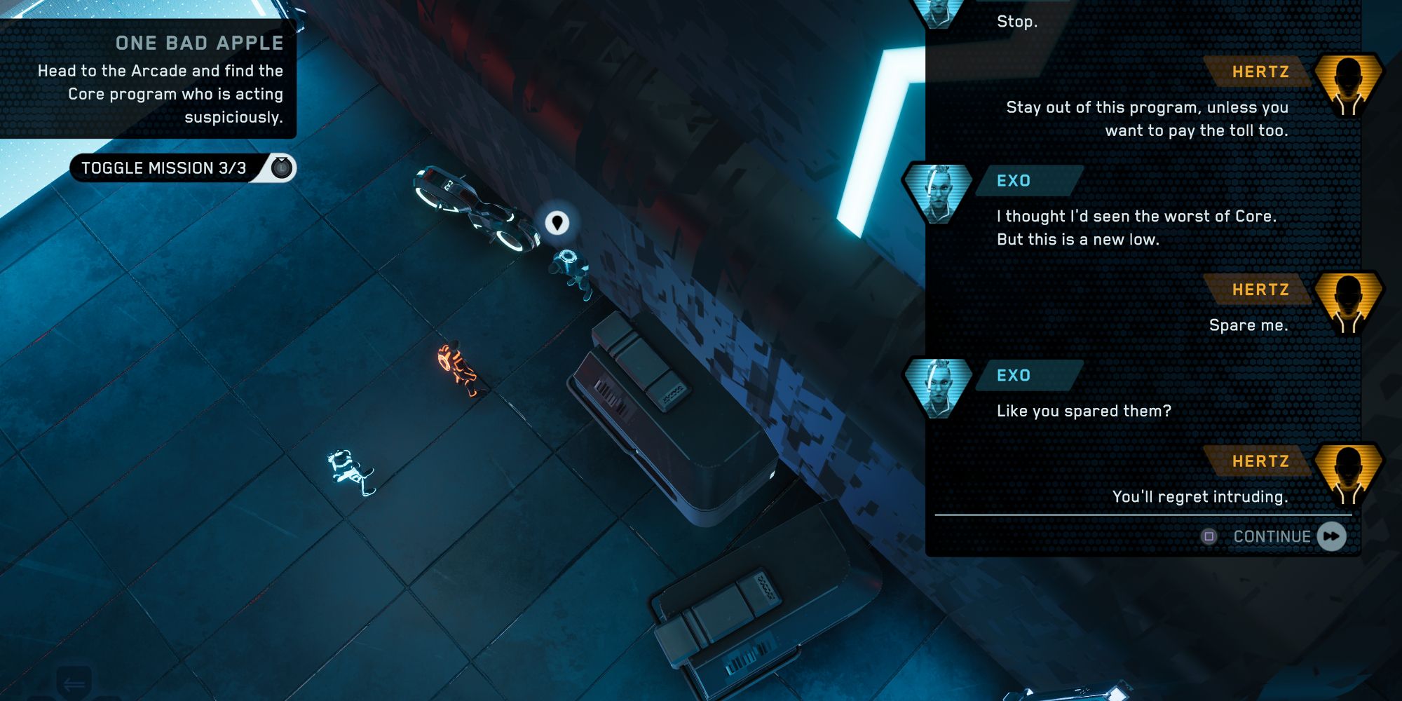 A player talking to an NPC in TRON: Catalyst