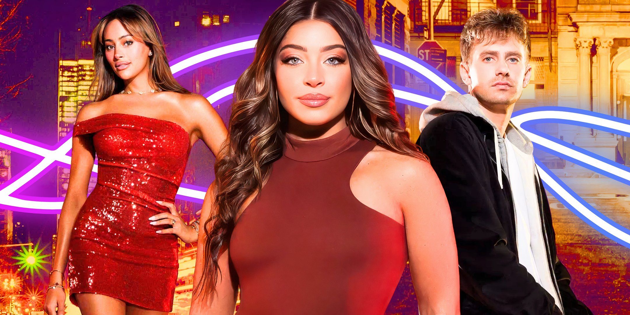 next gen nyc stars in glam outfits in montage with city background with bright accents