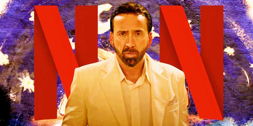 Nicolas Cage looking confused in front of Netflix logos