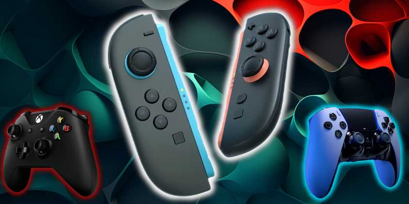 Nintendo Controllers over a blue, red, and black hole background with dualsense and xbox controller on sides.