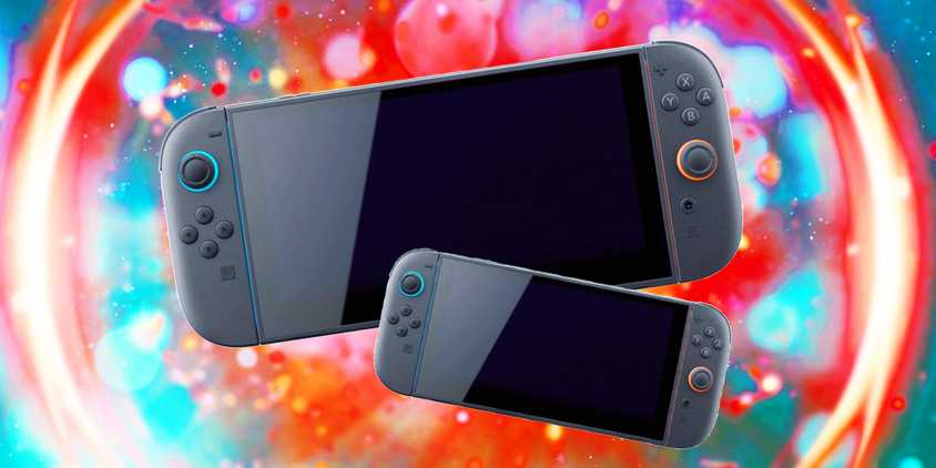 Two Nintendo Switch 2s on a bright red and blue background.