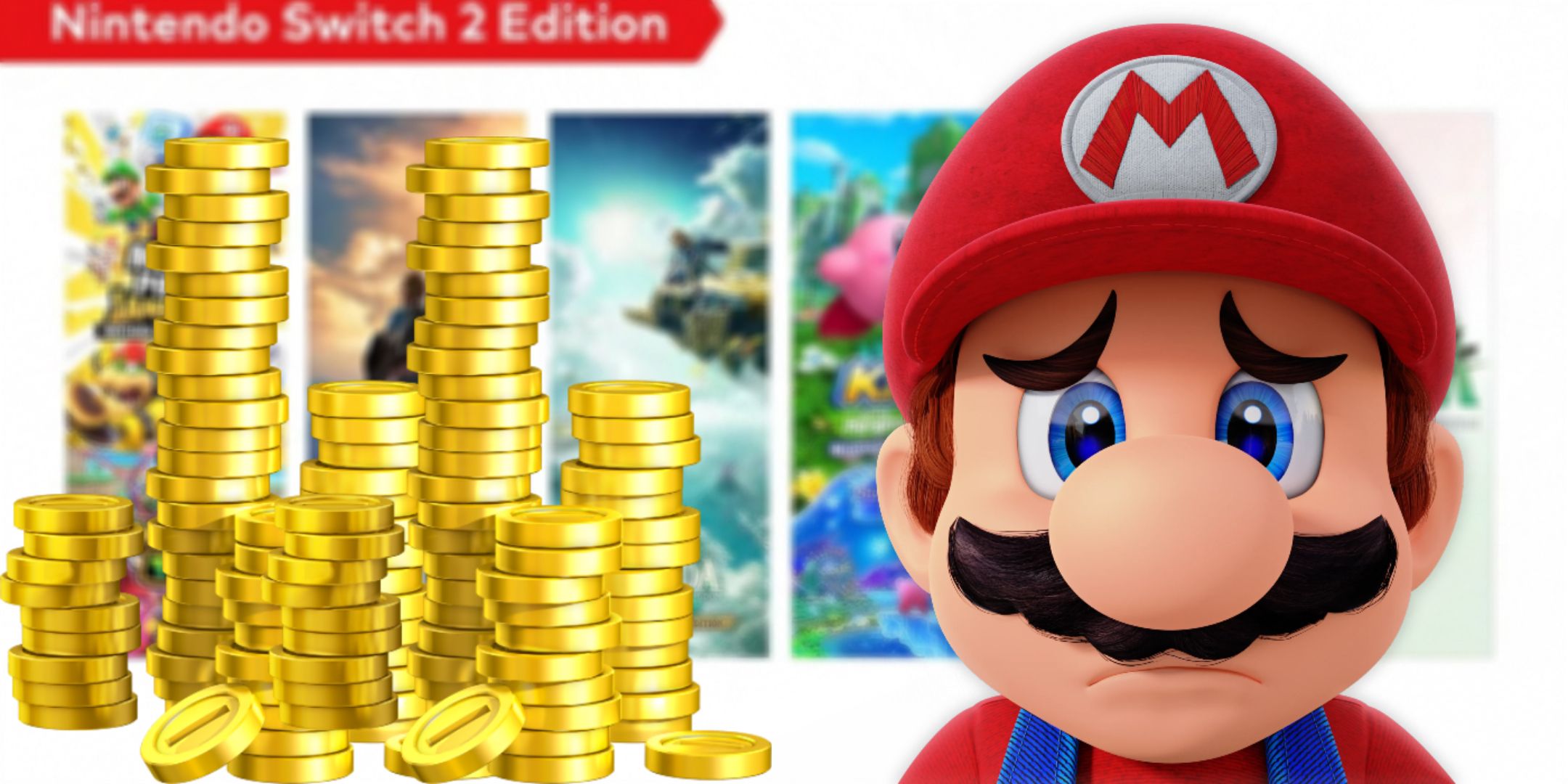 Mario looks sad as a stack of coins can be found to his left, as he stands in front of a showcase of Nintendo Switch 2 Edition games.