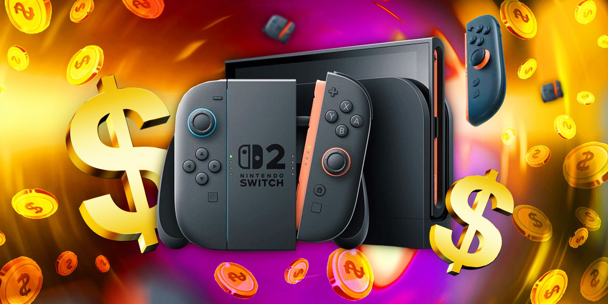 Nintendo Switch 2 flying with some coins and dollar signs