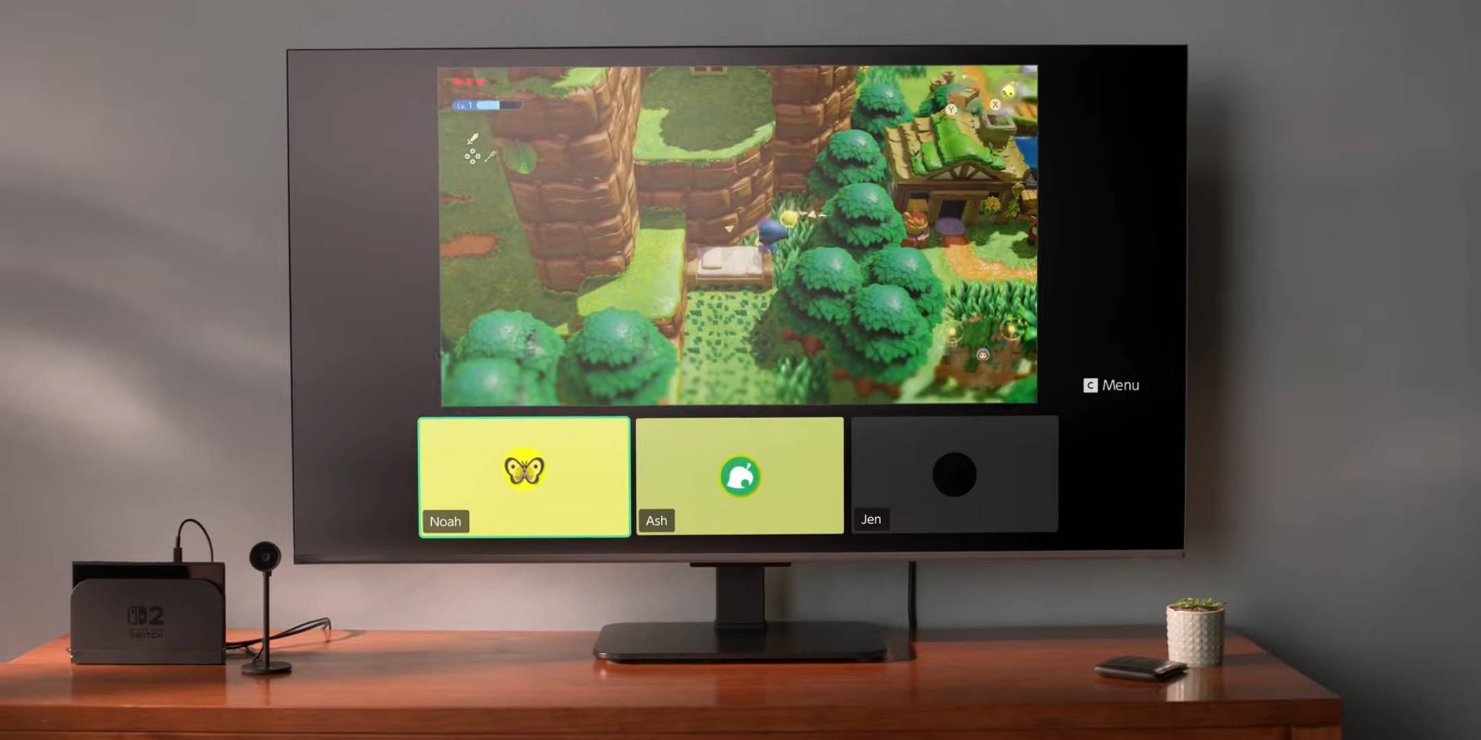 The Nintendo Switch 2 Game Chat function on a TV in the distance.