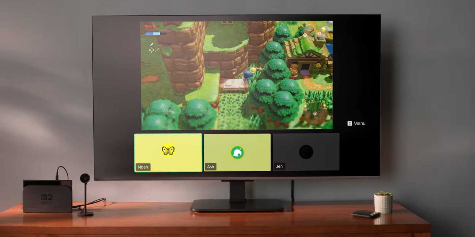 The Nintendo Switch 2 Game Chat function on a TV in the distance.