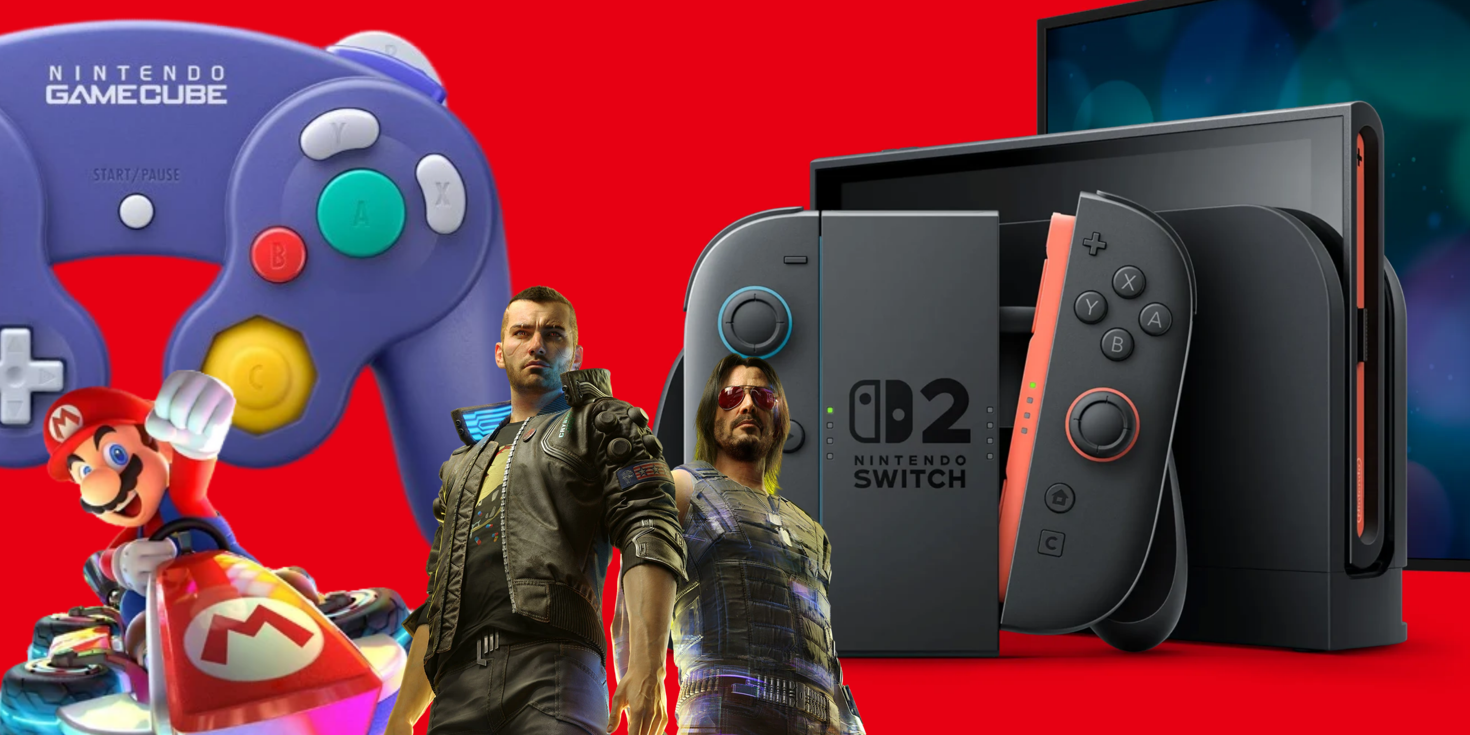 Nintendo switch 2 with day one release game characters from Cyberpunk and Mario on the side.