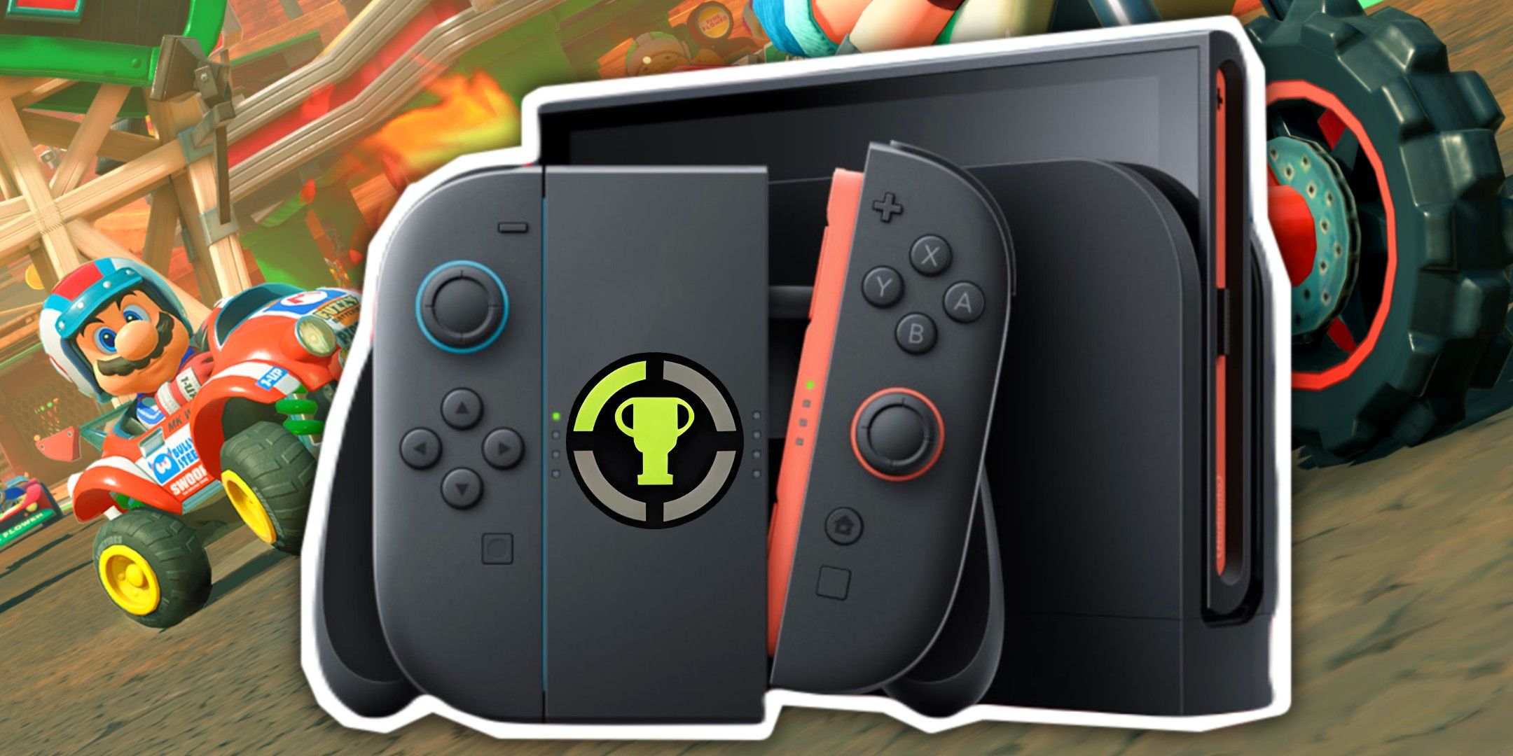 Nintendo Switch with Xbox achievements sticker on it all in front of Mario Kart World.