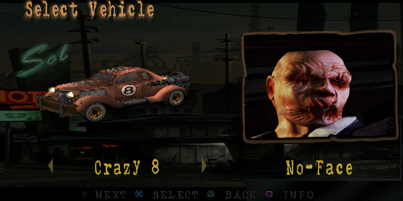No-Face from Twisted Metal Black is next to his car Crazy 8