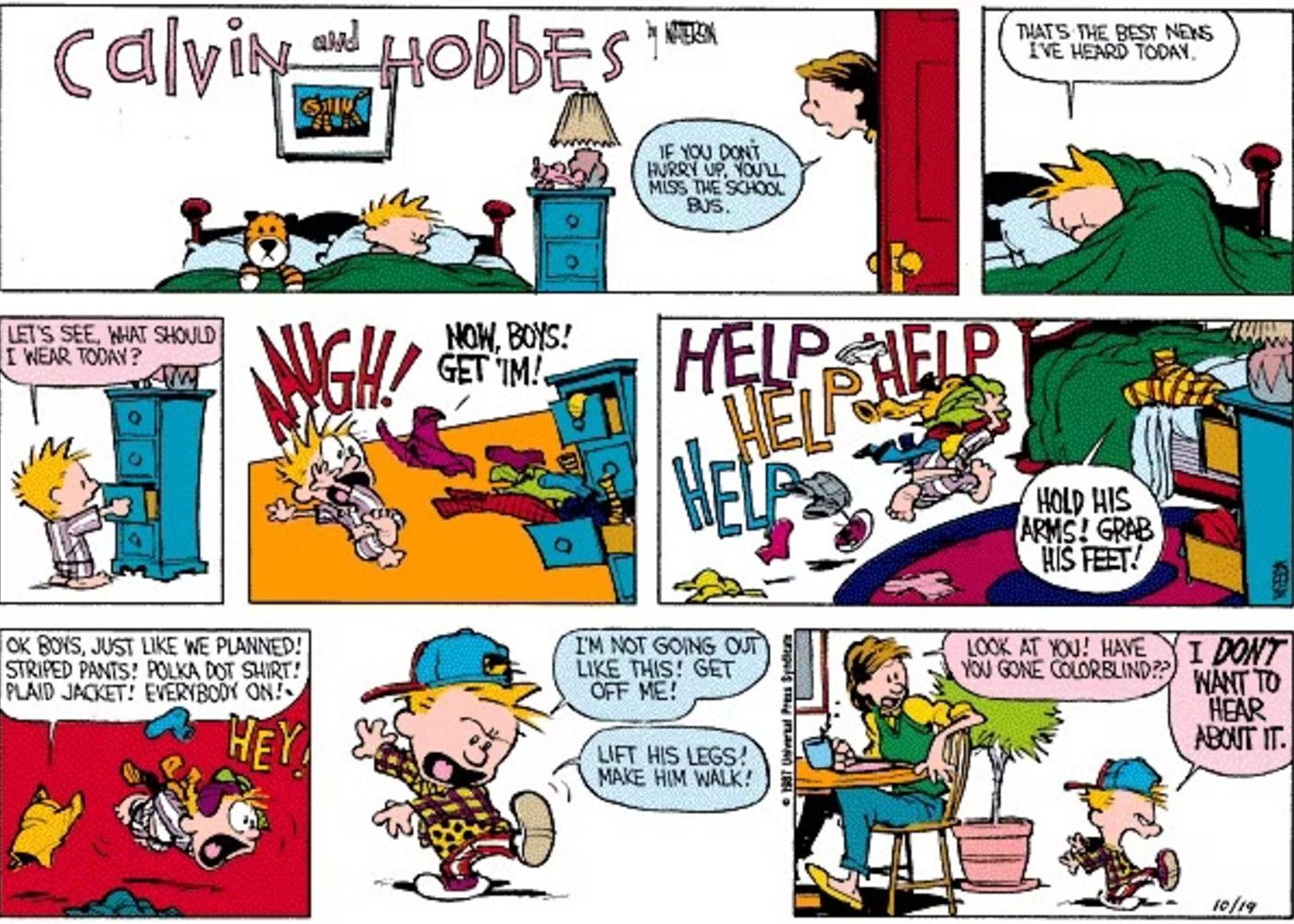 November 22 1987 Calvin and Hobbes Calvin&rsquo;s mom wakes Calvin up for school only for him to be attacked by clothes.jpg