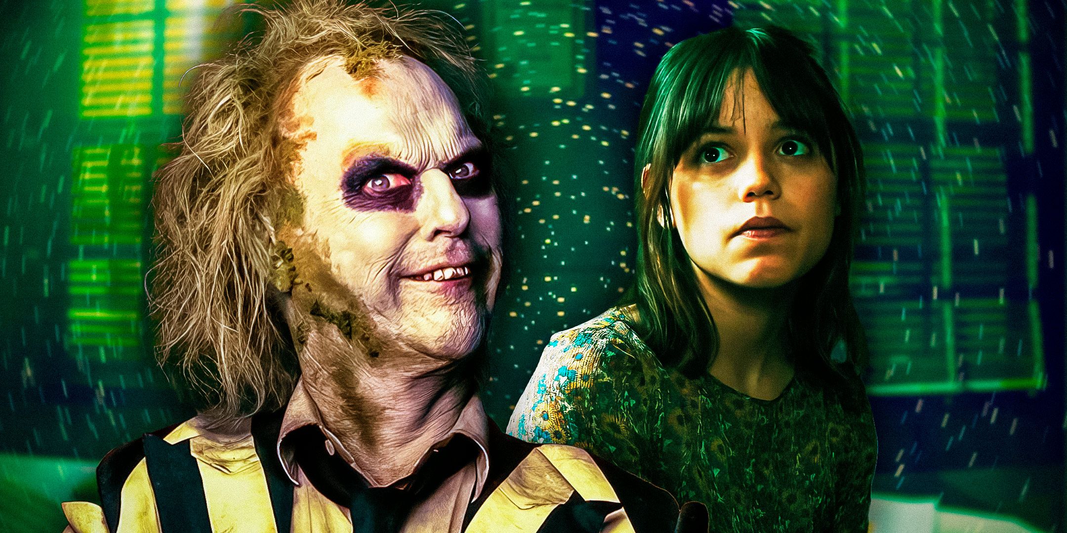 Michael Keaton as Betelgeuse and Jenna Ortega as Astrid from Beetlejuice 2 with green background