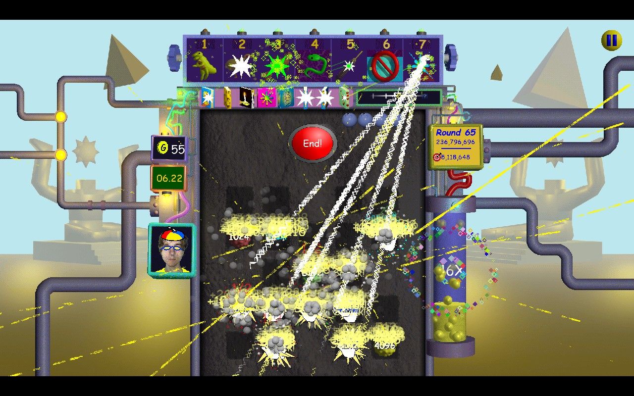 Nubby&rsquo;s Number Factory board showing an item shooting all pegs with huge beams, making tons of number triggers.