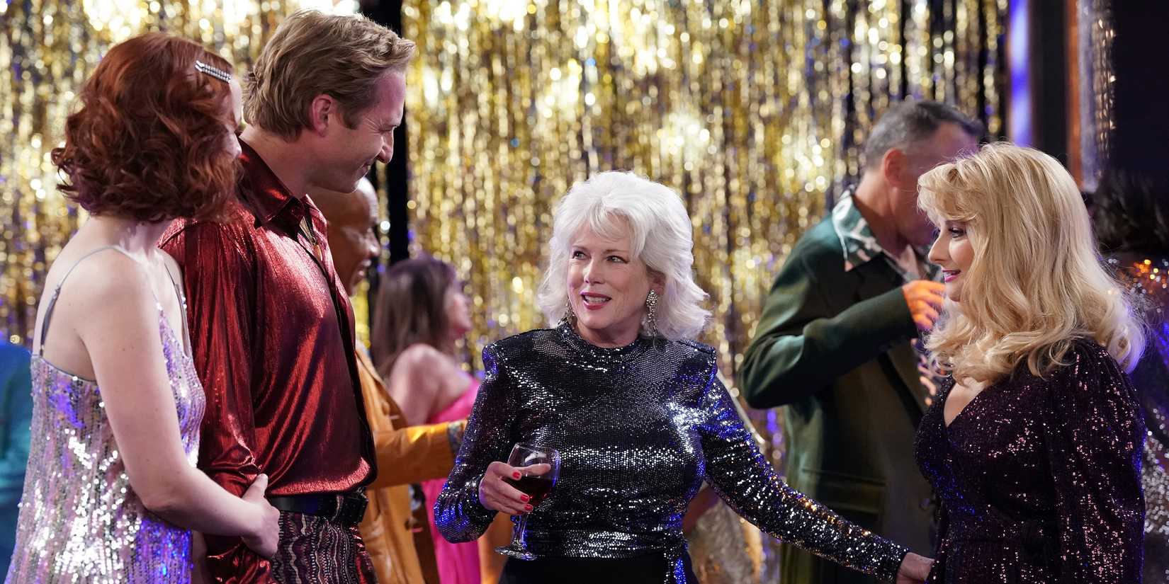 Laura Spencer as Lucy, Ryan Hansen as Jake, Julia Duffy as Susan, and Melissa Rauch as Abby Stone in Night Court season 3, episode 14