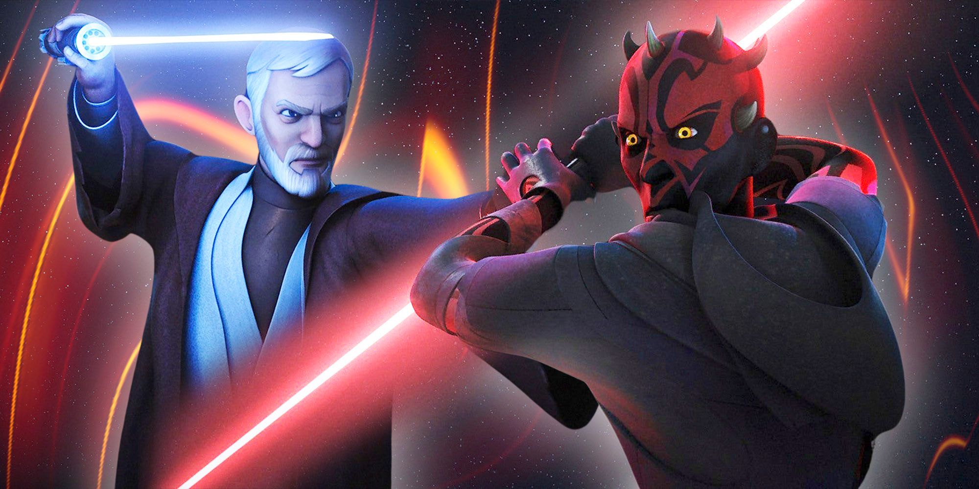Obi-Wan Kenobi to the left and Darth Maul to the right both wielding their lightsabers from the episode Twin Suns in Star Wars Rebels