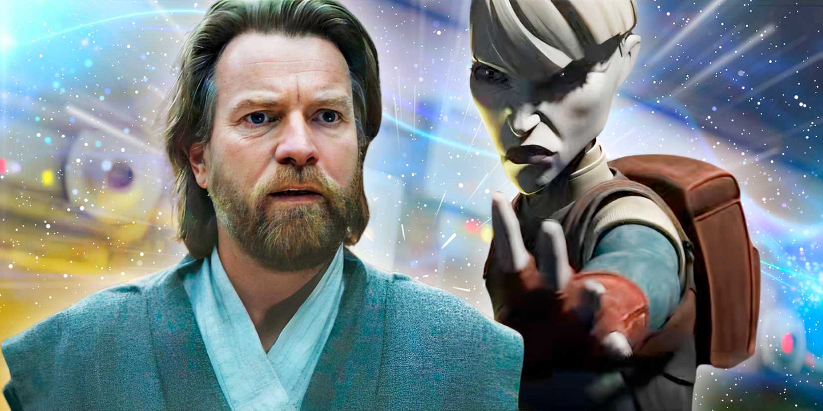 Obi-Wan Kenobi in Obi-Wan Kenobi in the foreground and Asajj Ventress from the new Tales of the Underworld trailer in the background