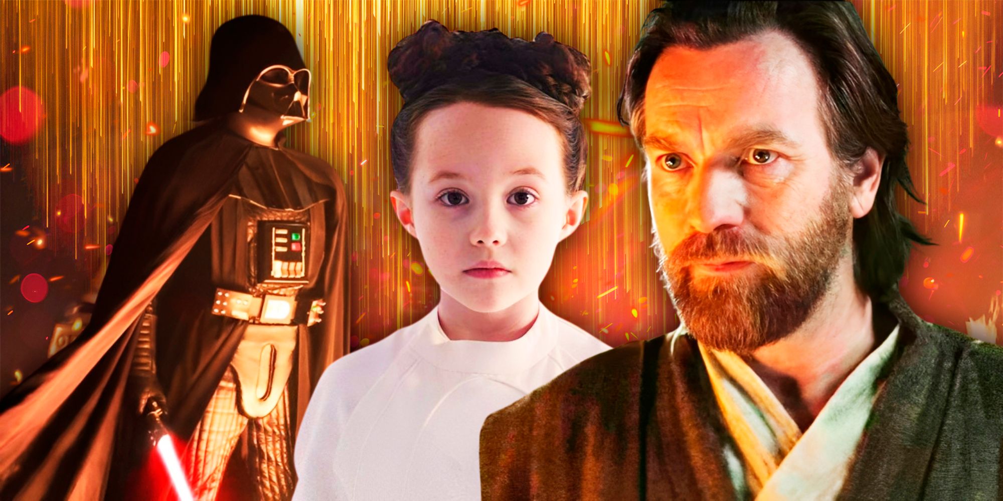 Darth Vader wielding his red lightsaber to the left, young Leia Organa in the middle, and Obi-Wan Kenobi to the right, all in the Obi-Wan Kenobi show