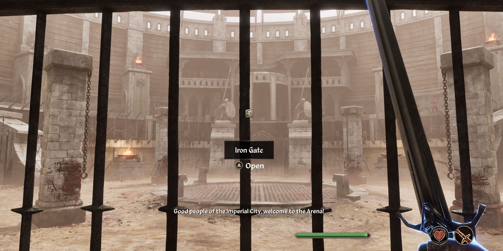 Player standing at Oblivion Remastered's Arena Gate holding a sword