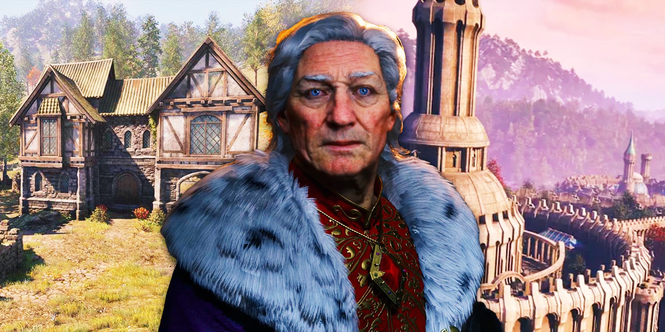 Oblivion Remastered&rsquo;s Emperor with houses behind him.