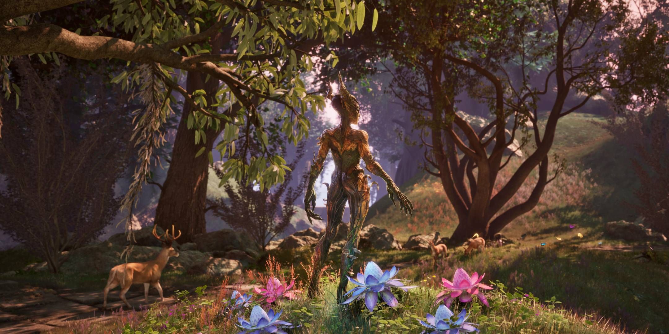 A Spriggan in a forest next to colorful plants in Oblivion Remastered.