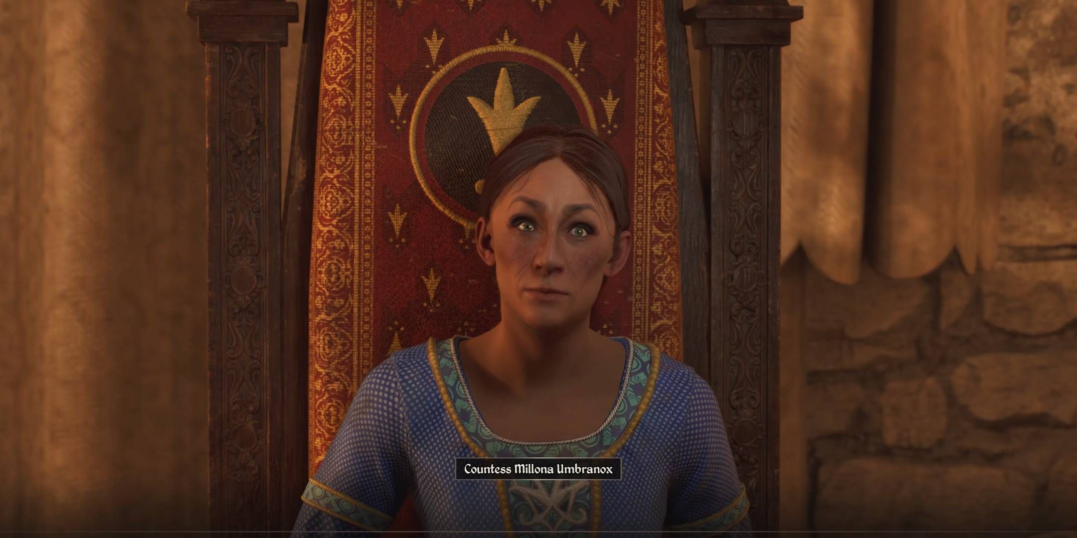 The countess sitting on a chair staring at the player in Oblivion Remastered.