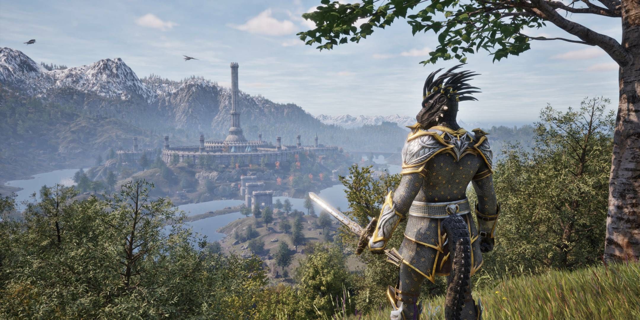 An armored Argonian looking at the Imperial City in Oblivion Remastered.