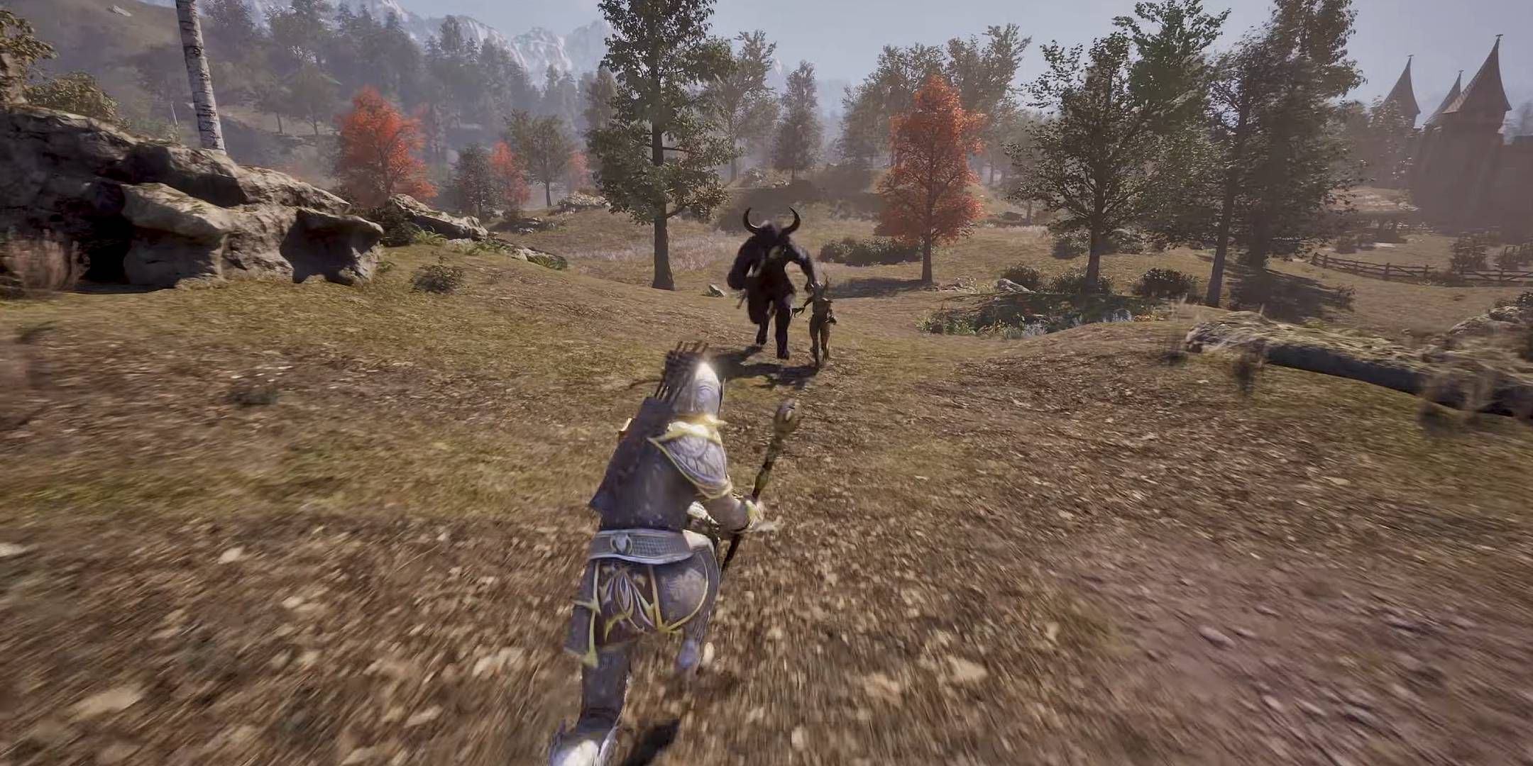 The player sprinting at a nearby enemy in Oblivion Remastered.