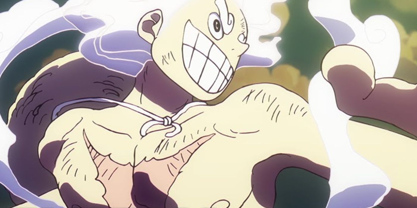 One Piece&rsquo;s Gear 5 Luffy smiles broadly with the sun behind him as he prepares to attack Saturn.