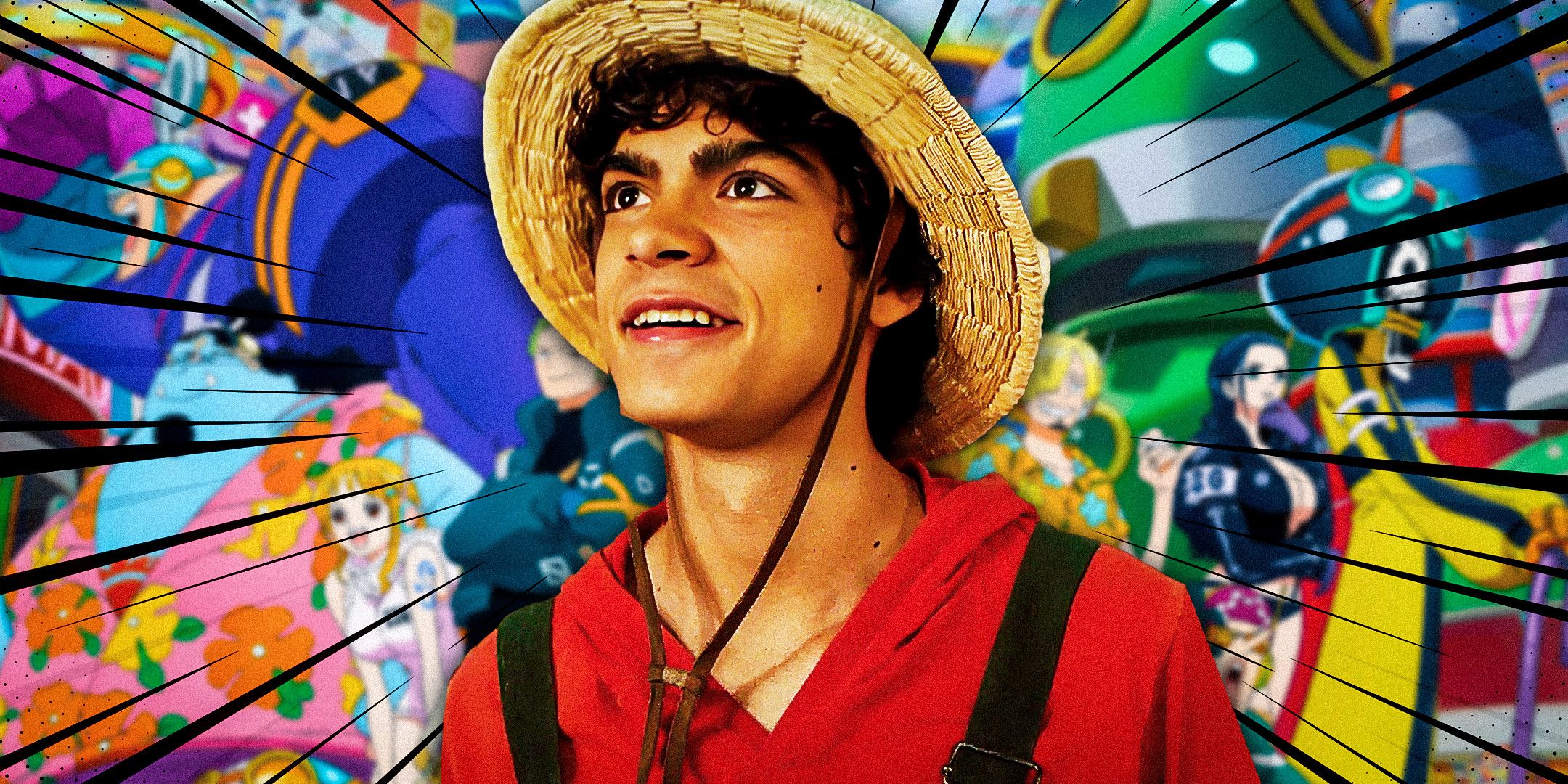 Imagery from Luffy in One Piece live-action and characters from the anime