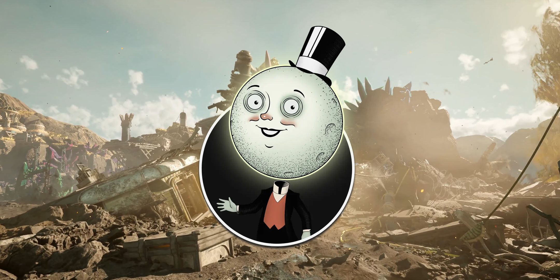 Outer Worlds 2&rsquo;s Moon Man in front of a landscape from the game.