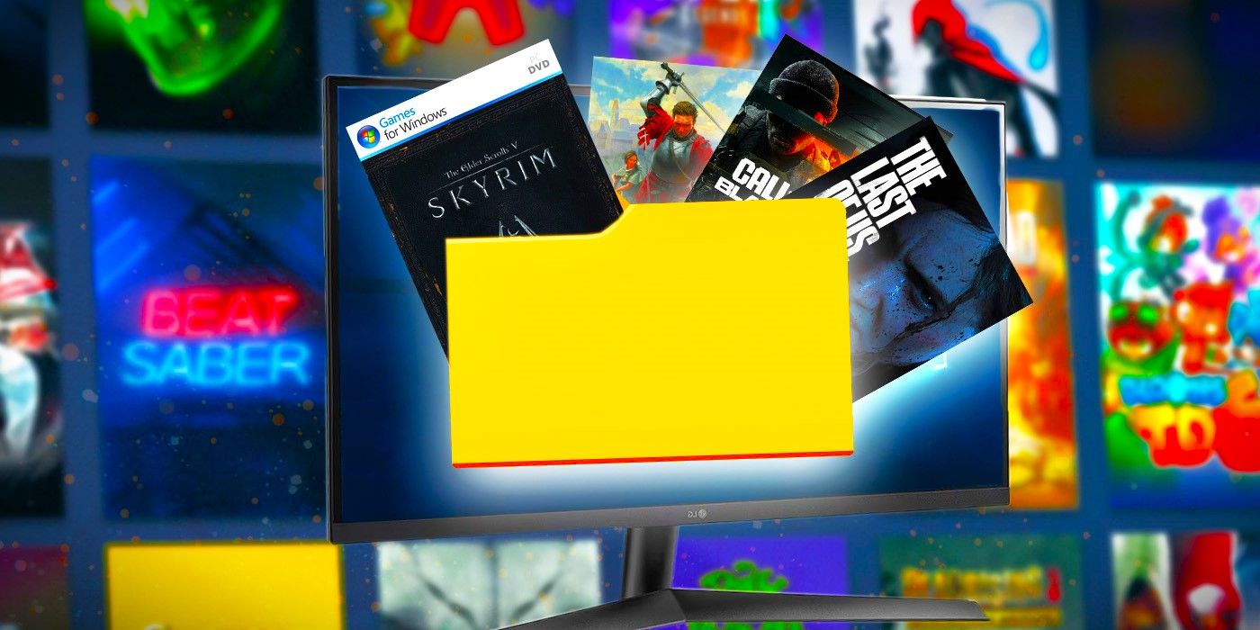 PC with a folder and a bunch of games