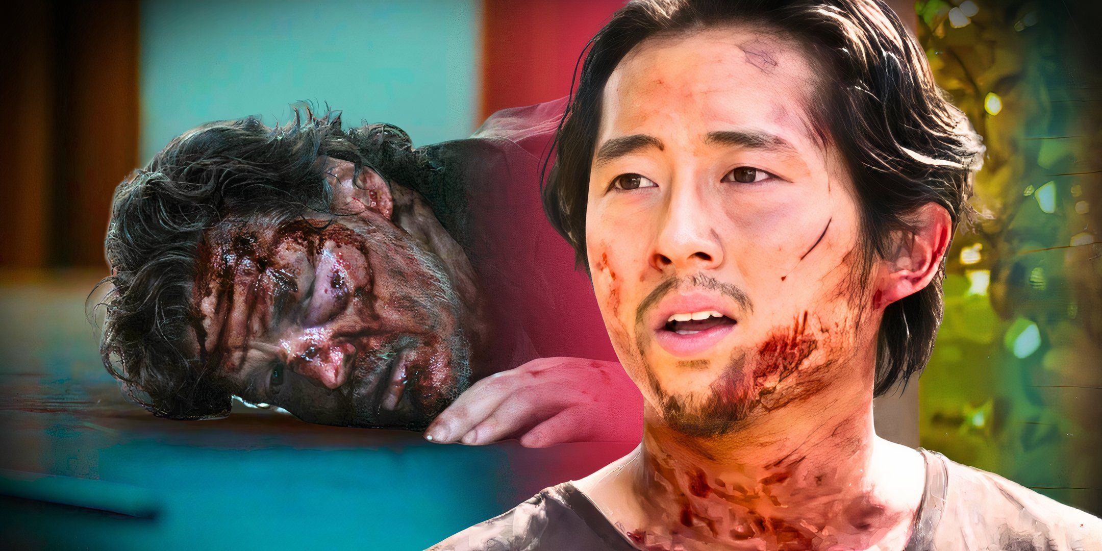 Pedro Pascal as Joel lying on the ground with his face covered in blood in The Last of Us next to Steven Yeun as Glenn looking confused with dried blood on his face in The Walking Dead