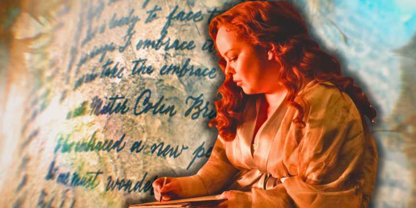 Penelope Featherington writing over an image of her writings from the Bridgerton season 3 credits