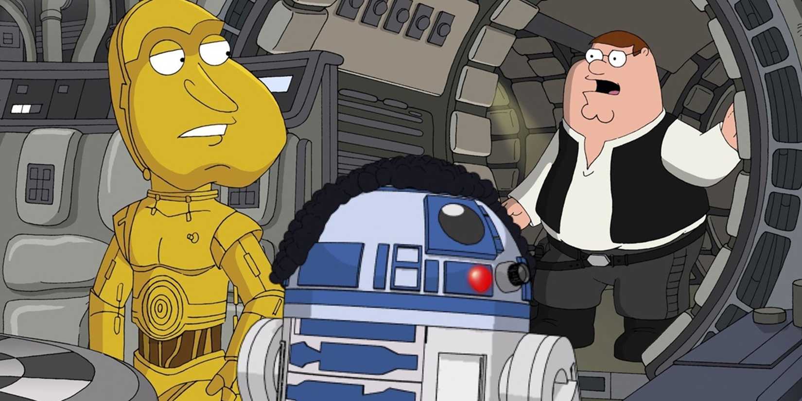 Peter as Han talks to Quagmire and Cleveland as C-3PO and R2-D2 in Family Guy