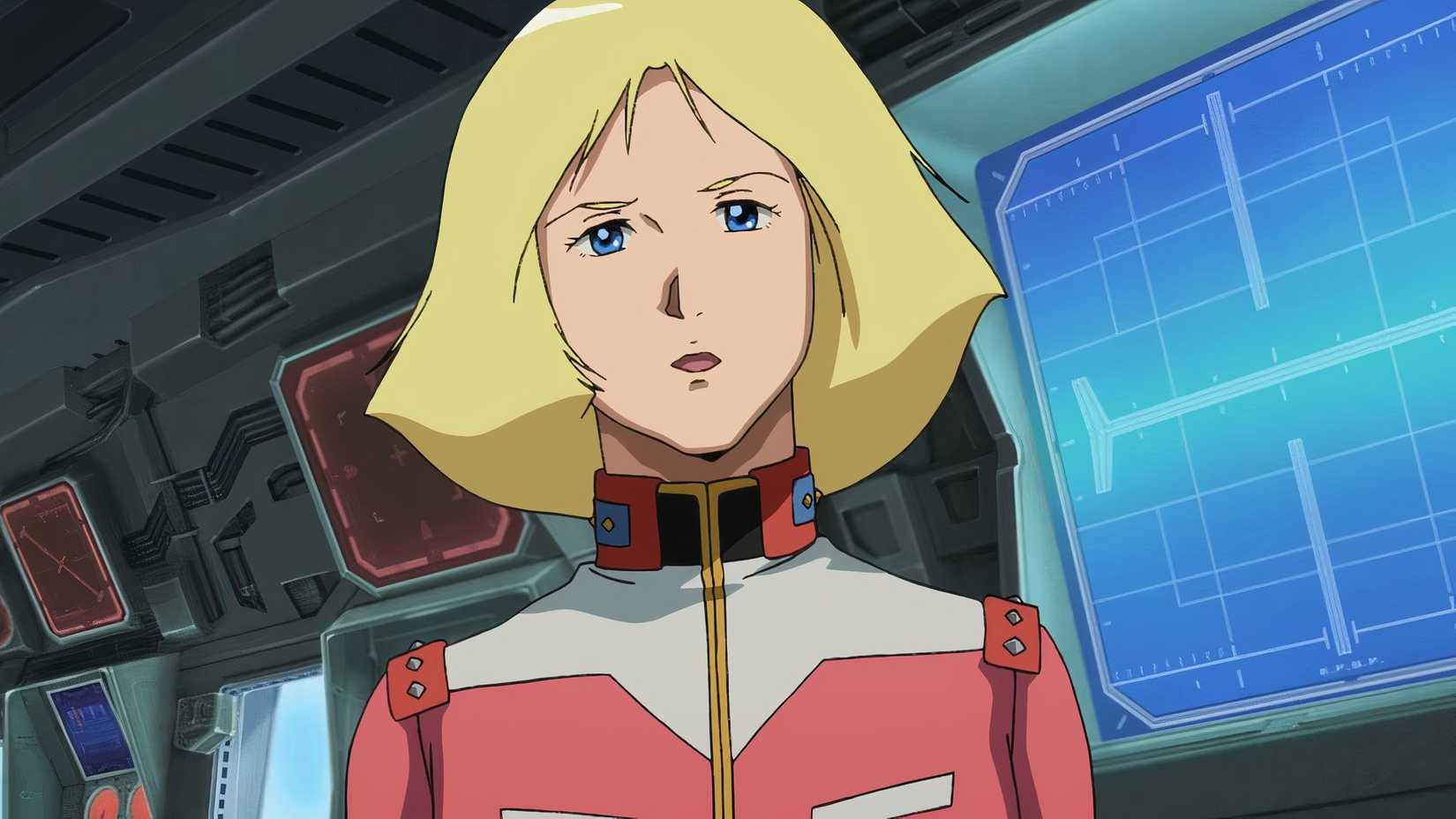 Sayla Mass from Gundam in front of screen