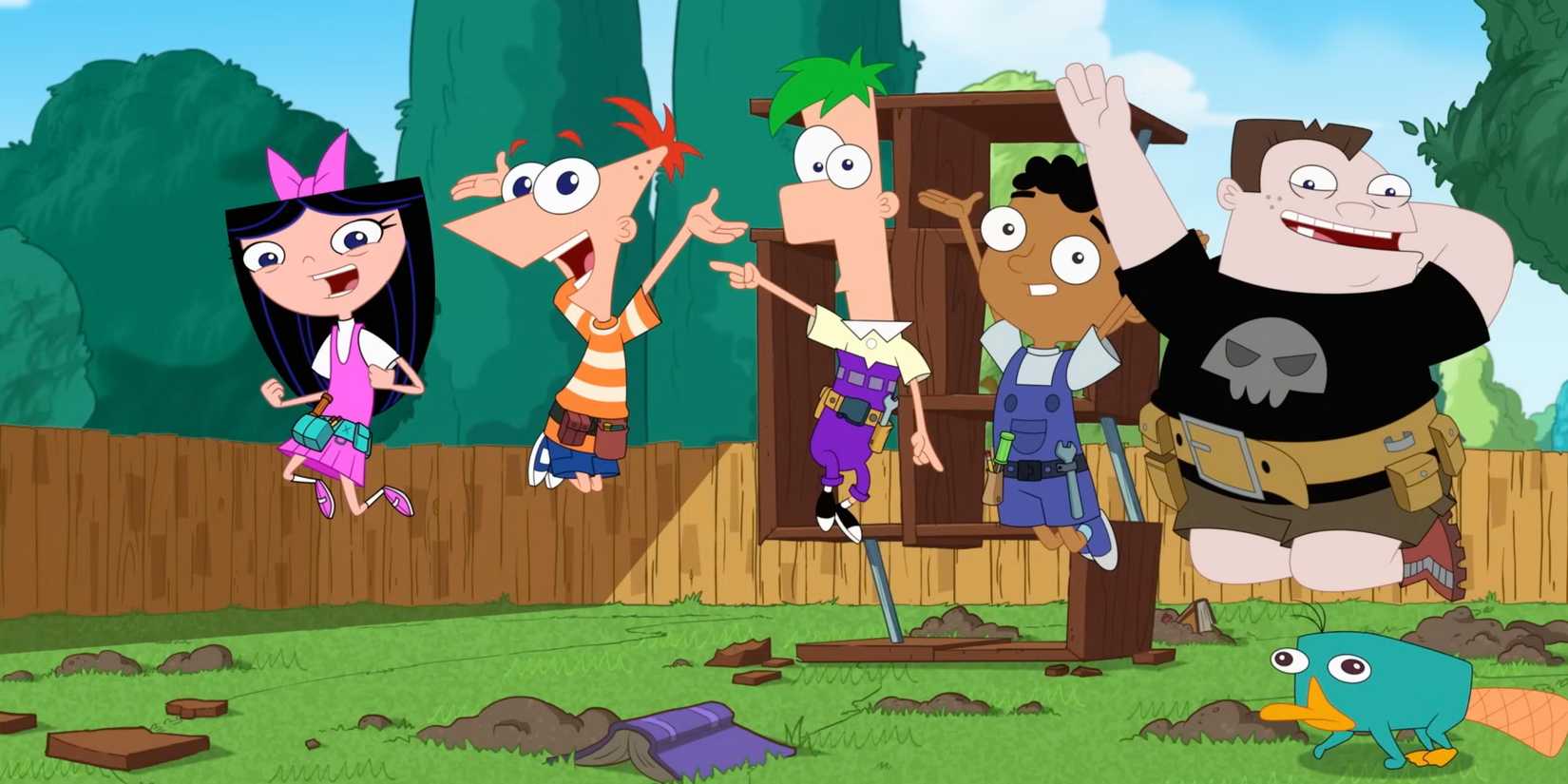 Phineas and Ferb season 5 full cast jumping in the air, looking joyful