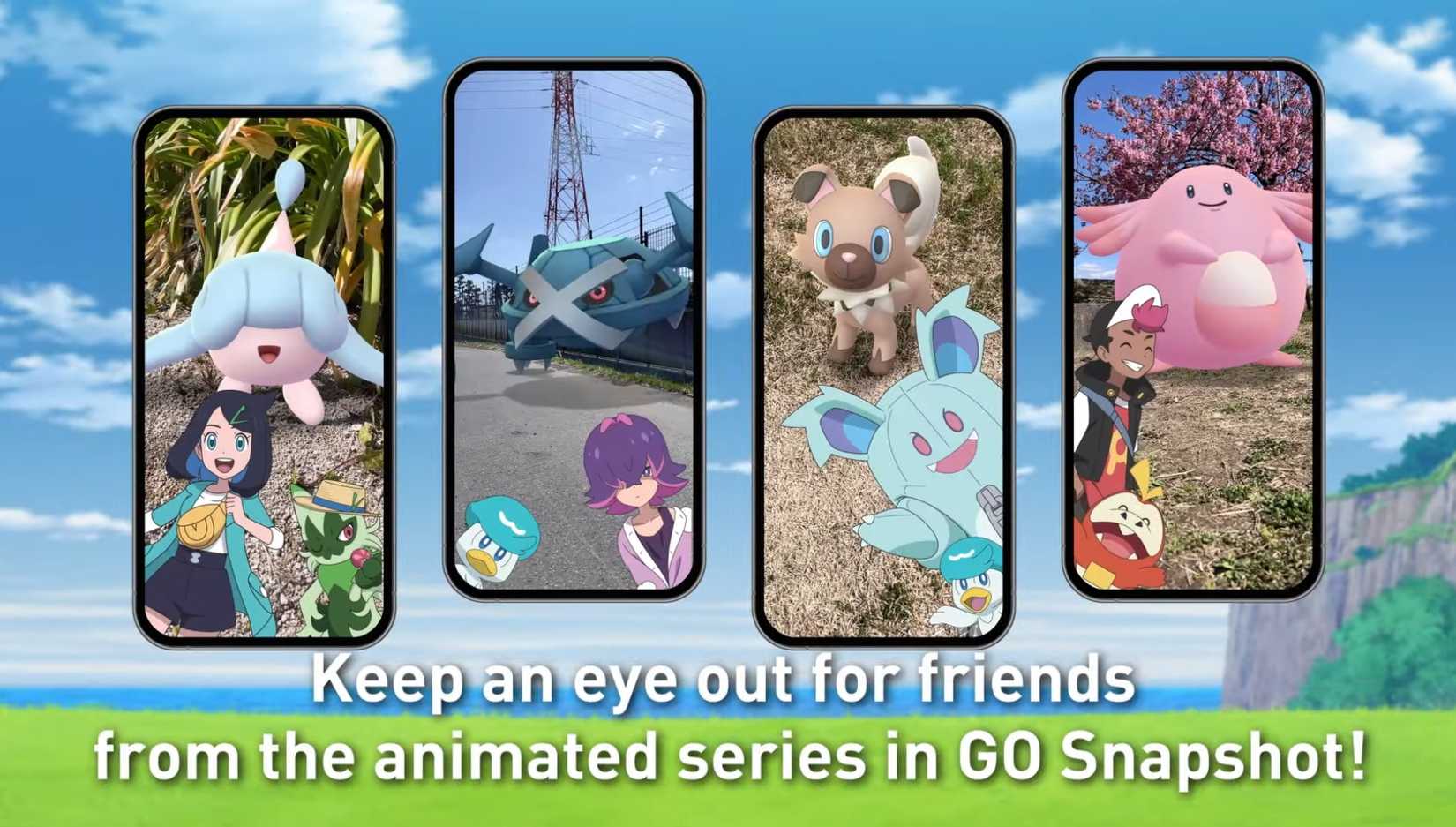 Phones showing different Pokemon Horizons characters in snapshots in Pokemon GO