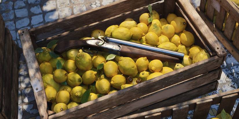 A shiny sawed-off shotgun lying in a wooden crate of bright yellow lemons