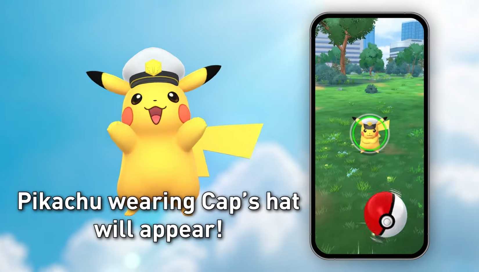 Pikachu wearing Caps hat shown on phone in Pokemon GO