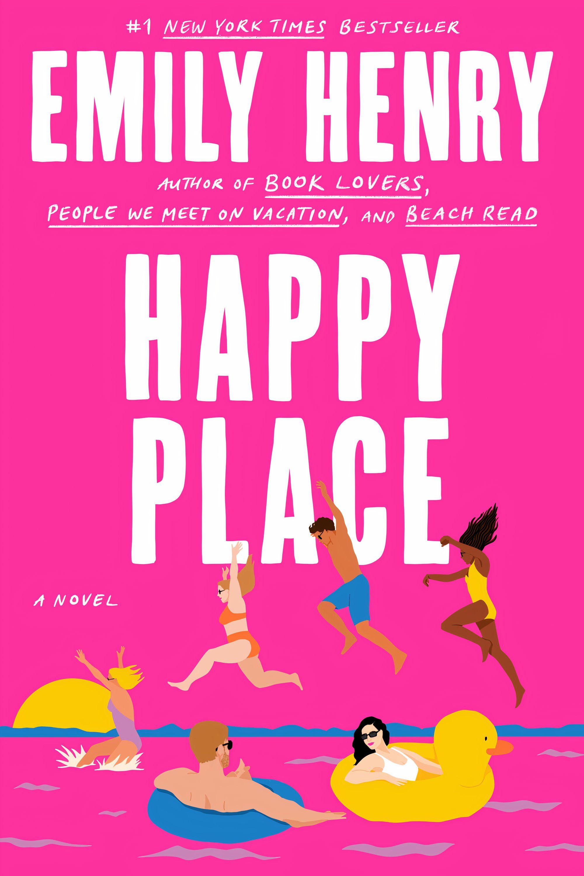Pink cover of Emily Henry&rsquo;s Happy Place novel featuring young adults having fun in the water