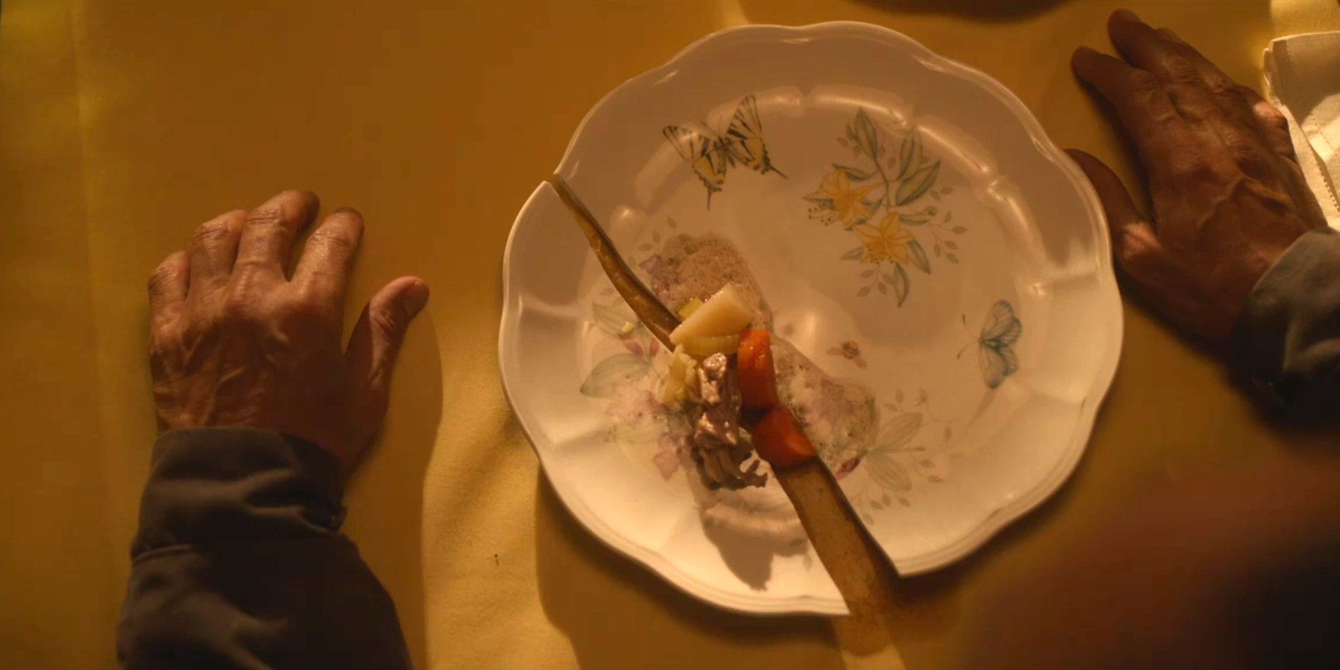 A broken plate with stew seeping through the cracks in Dark Winds season 3, episode 6