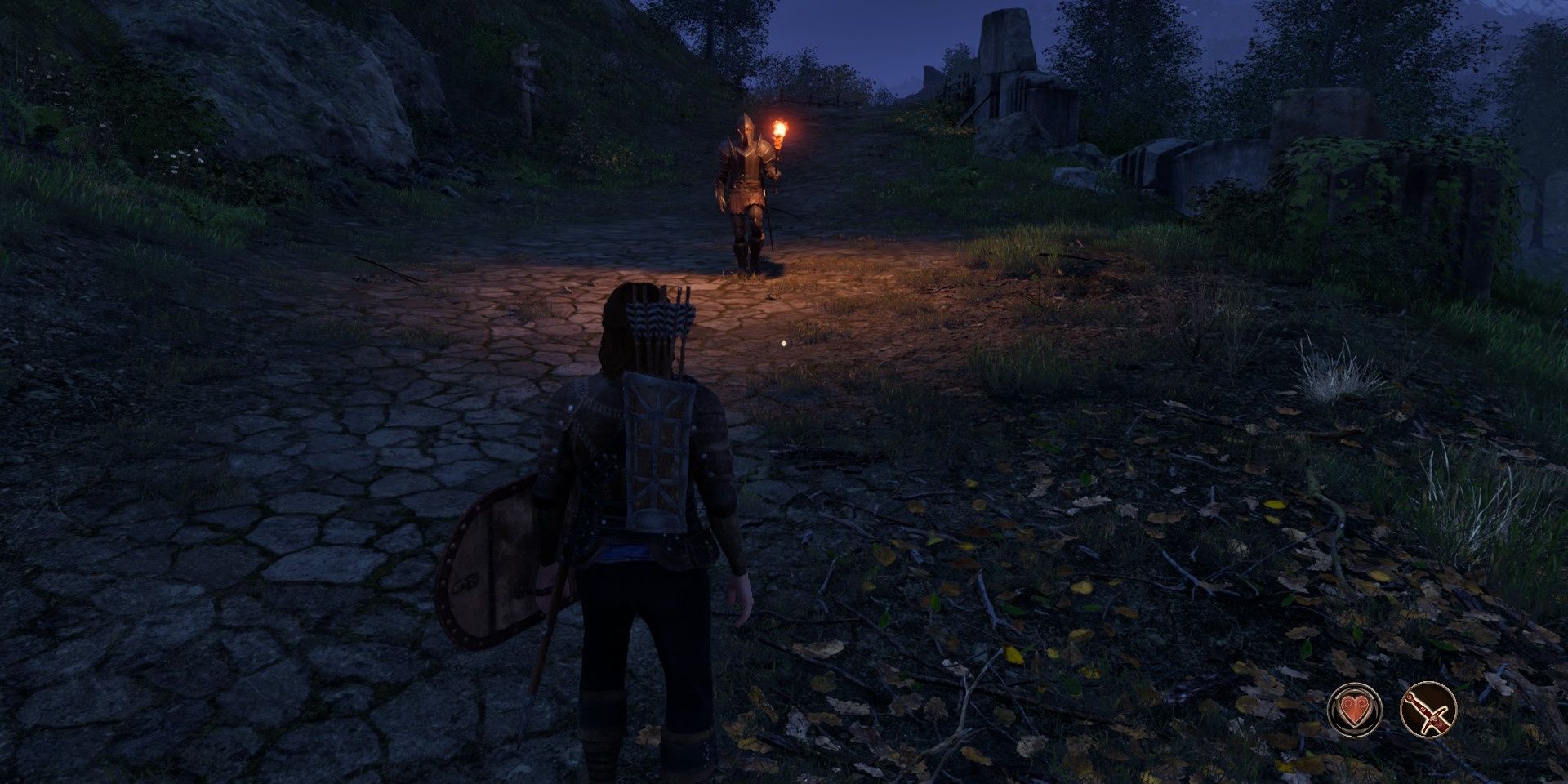 Player character with arrows and a shield being approached at night in Oblivion Remastered