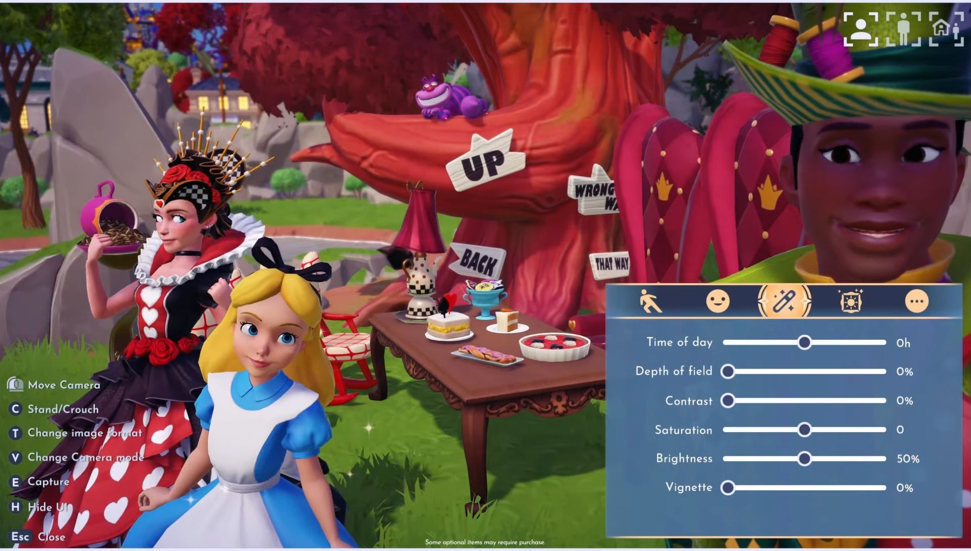 Player taking a photo with Alice in Disney Dreamlight Valley