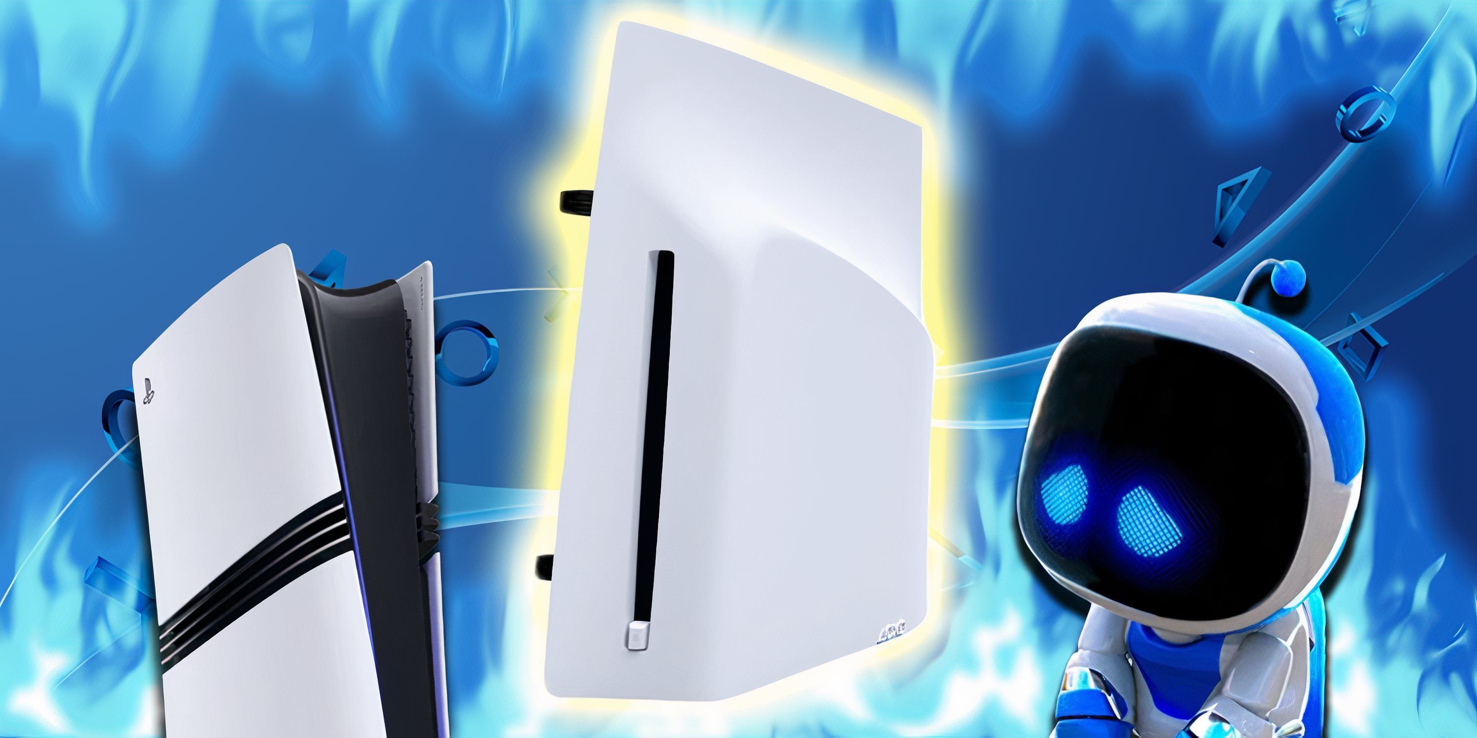 Playstation 5 Disc Drive In front of Astro Bot looking sad and a Playstation 5 Pro all surrounded by flames