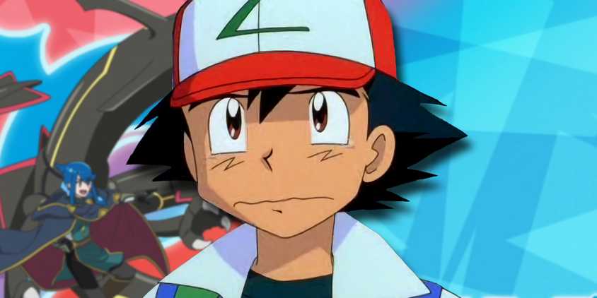 a Teary-eyed Ash in front of Lucius and his Black Rayquaza.