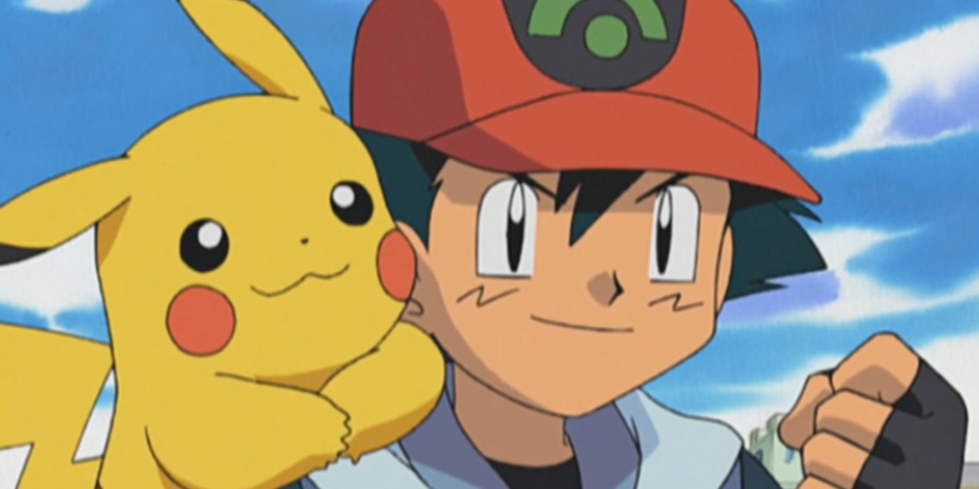 Pikachu and Ash smiling.