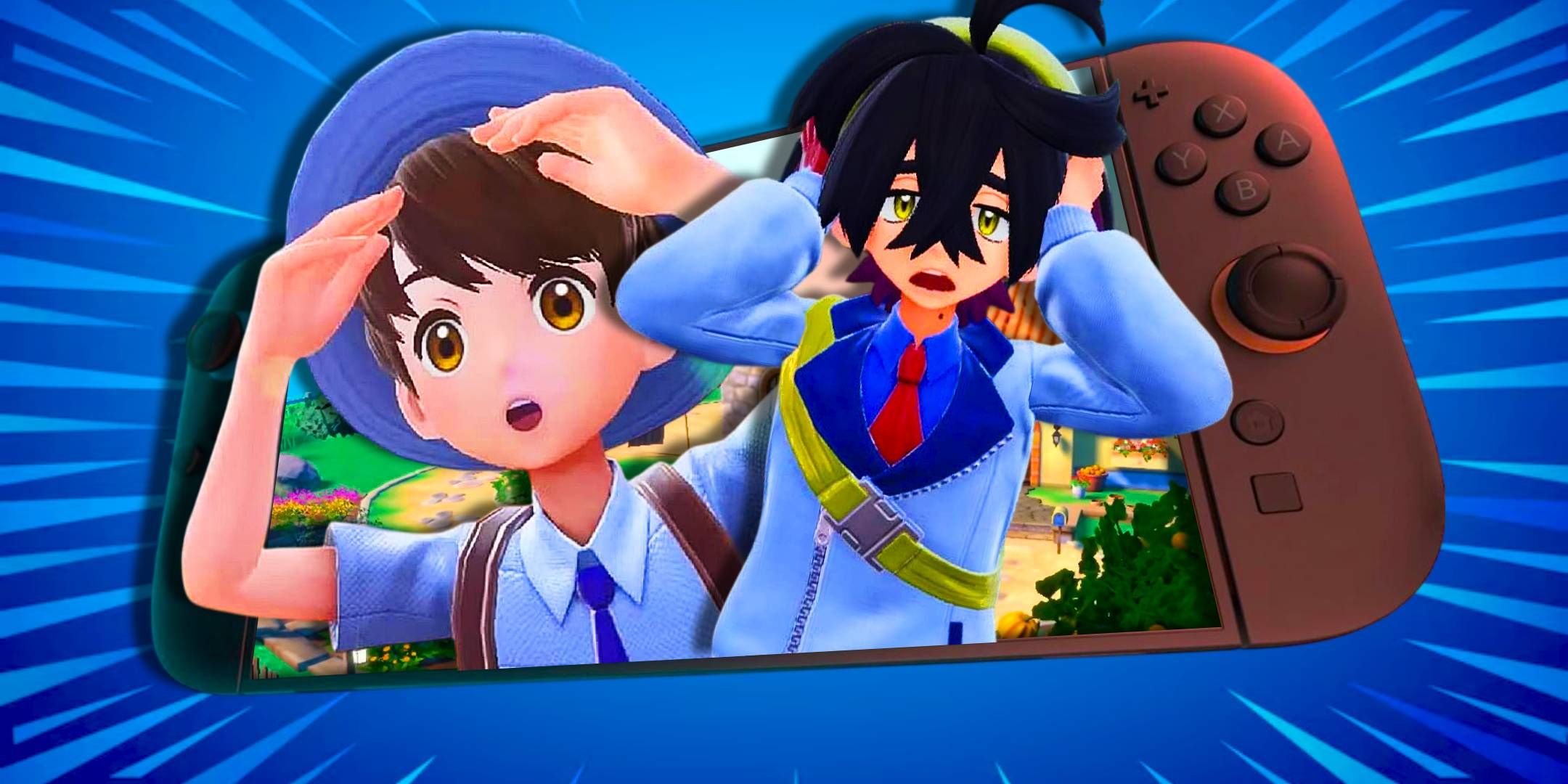The Scarlet and Violet male trainer next to Kieran looking shocked inside of a Nintendo Switch 2.