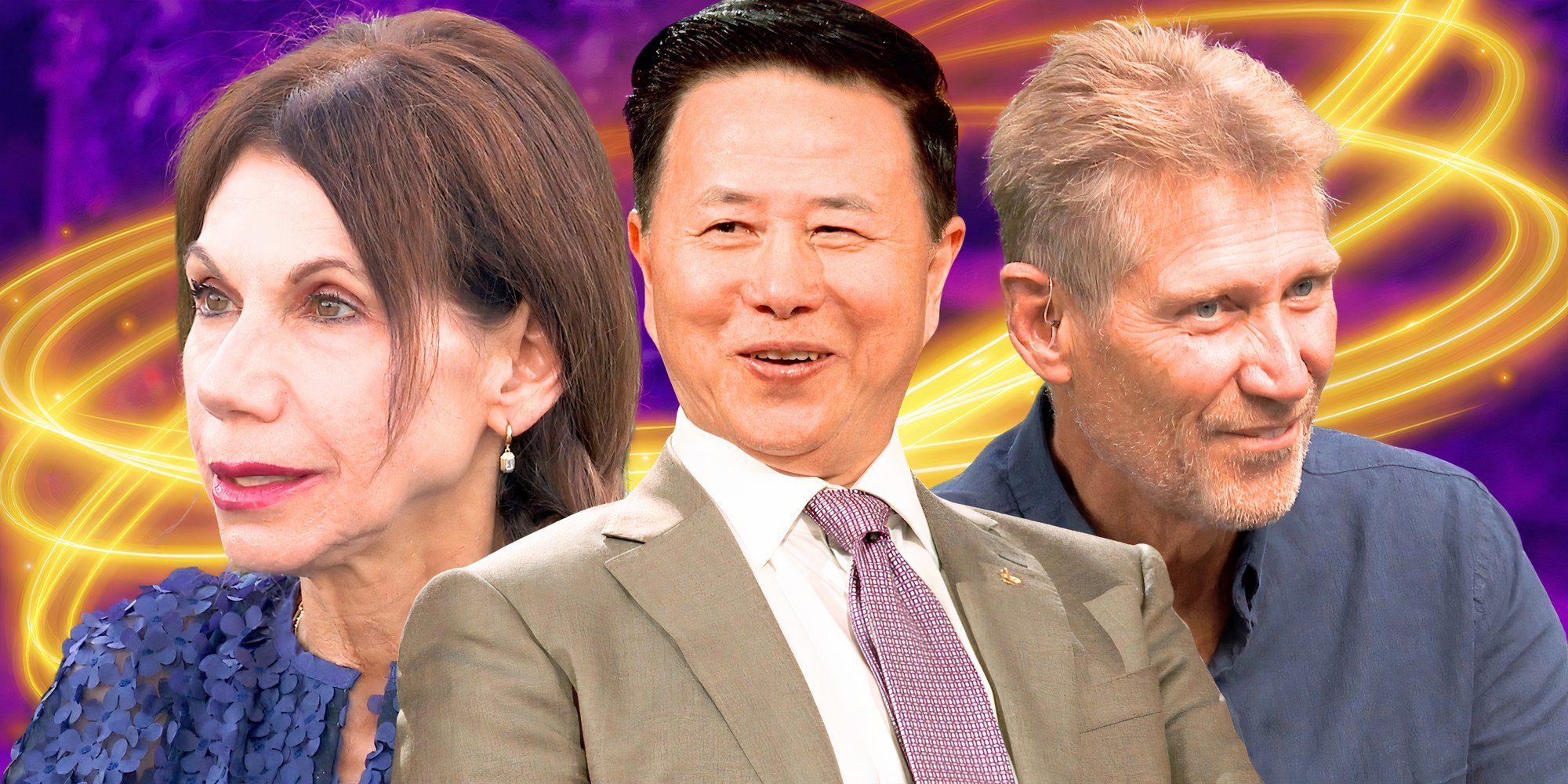 possible bachelor in paradise costars theresa nist charles ling and gerry turner in montage with  yellow neon accents