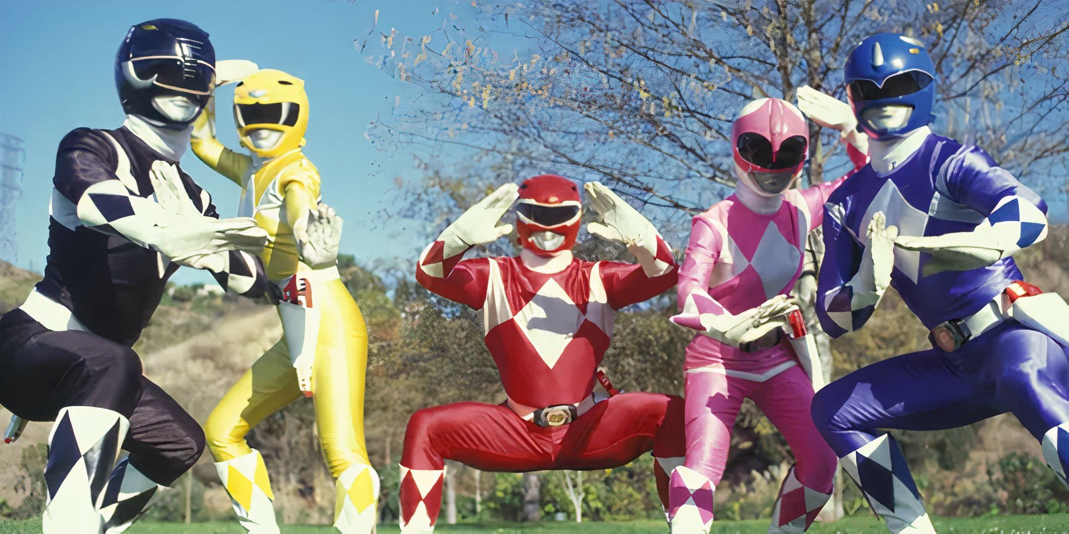 The Power Rangers posing in a field in Mighty Morphin Power Rangers