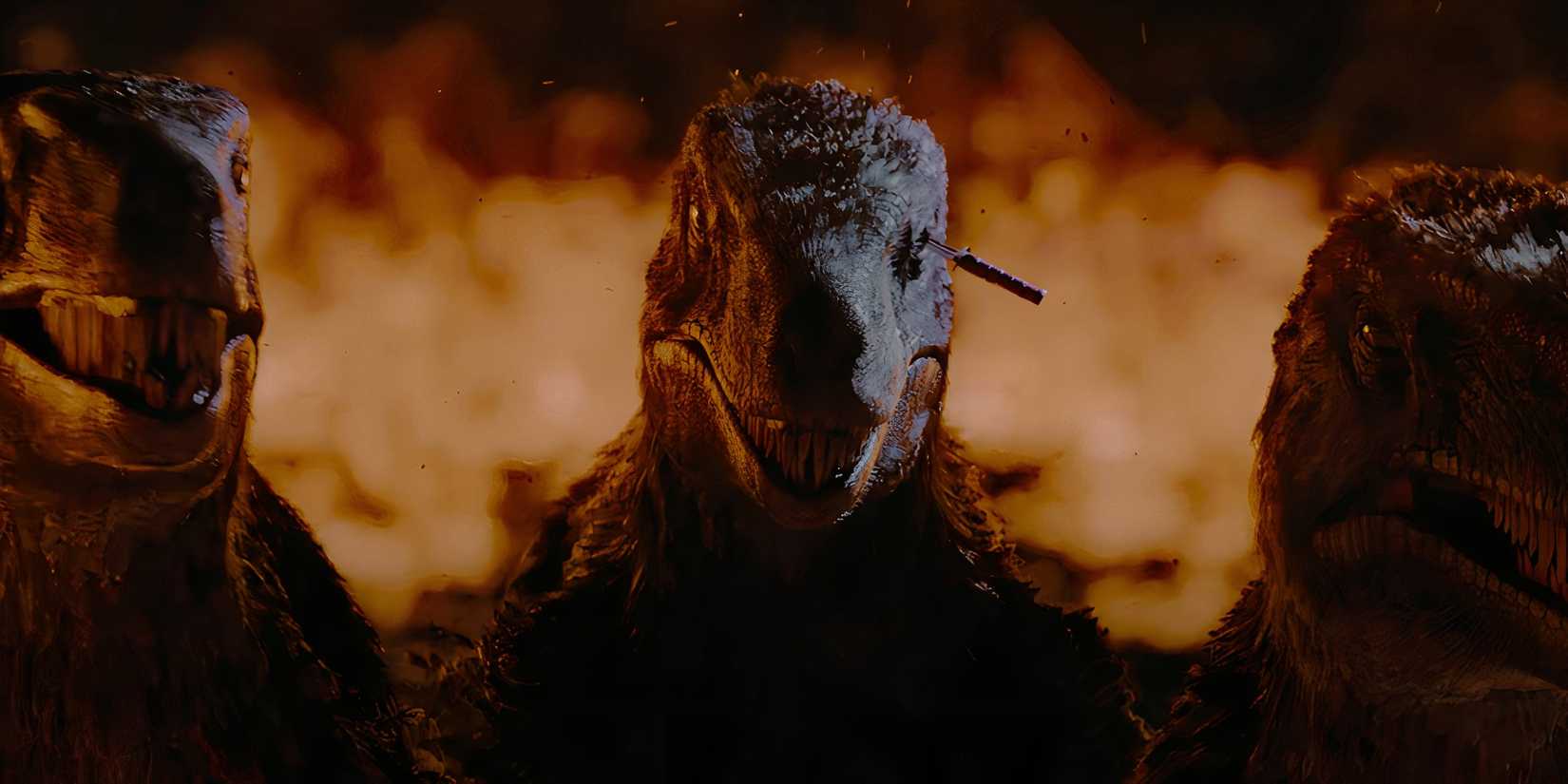 Three velociraptors in front of flames in Primitive War