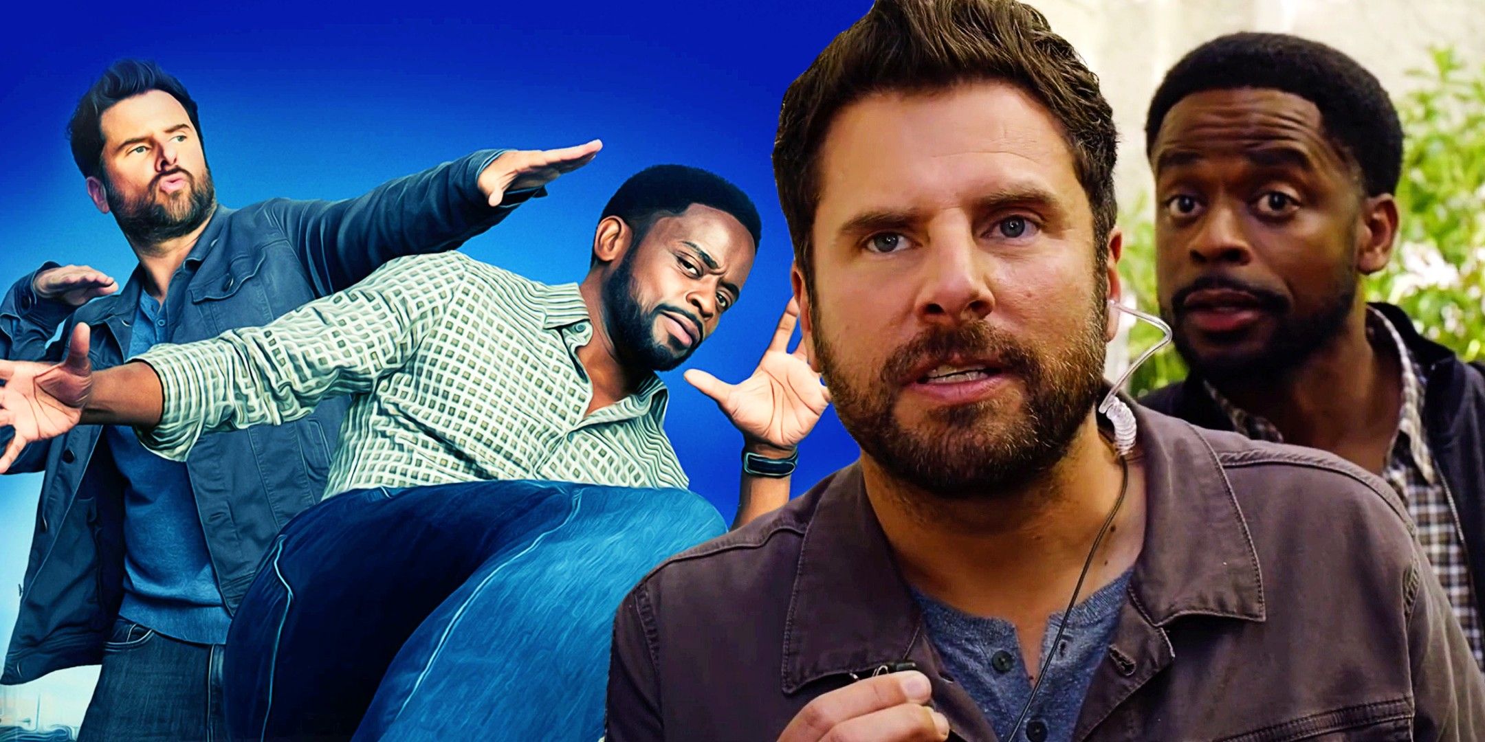 A composite image of Gus and Shawn looking on seriously in front of the two posing on a blue background from Psych 3: This Is Gus.