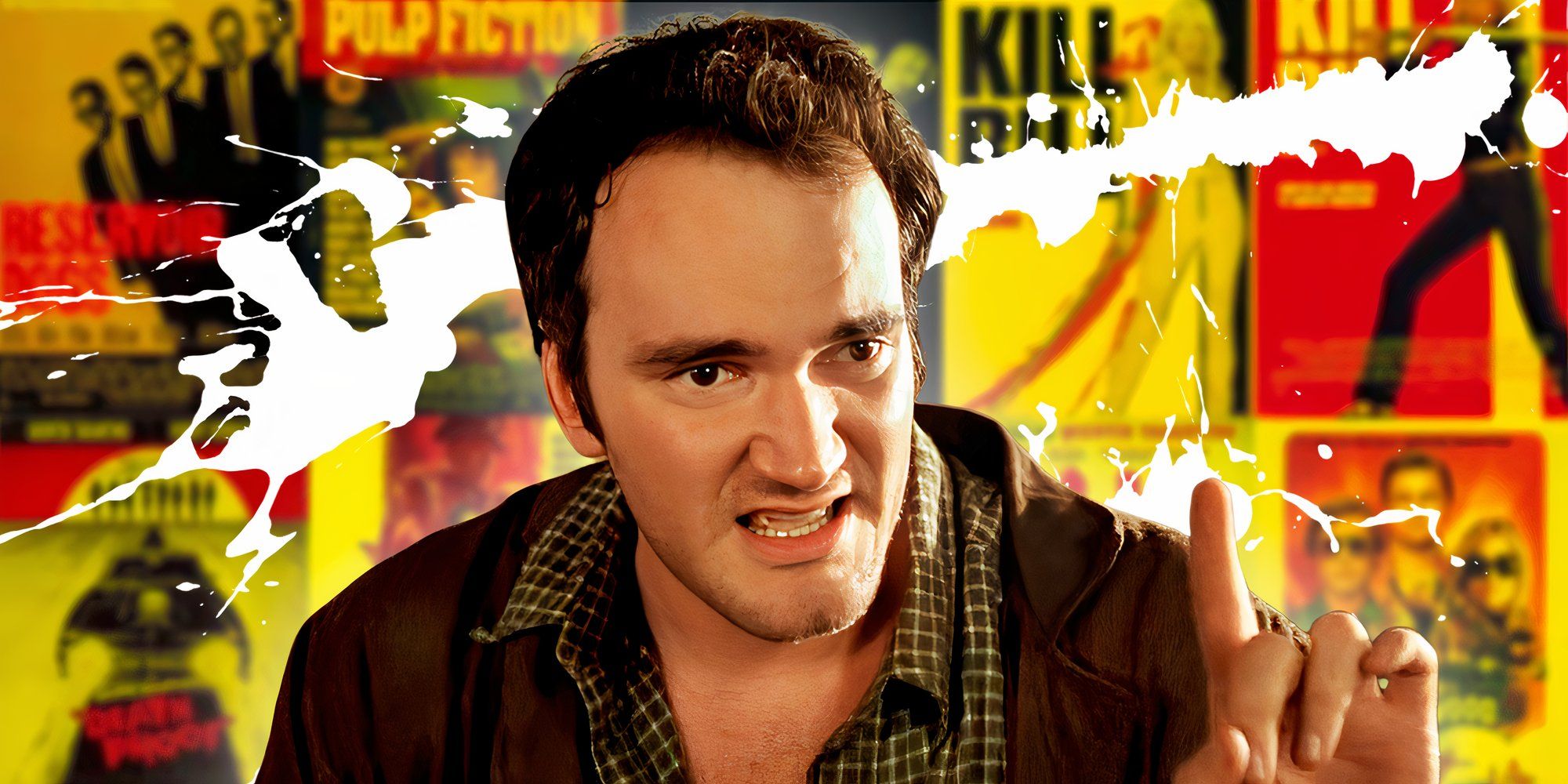 Quentin Tarantino holding his finger up in Desperado with his movie poster in the background